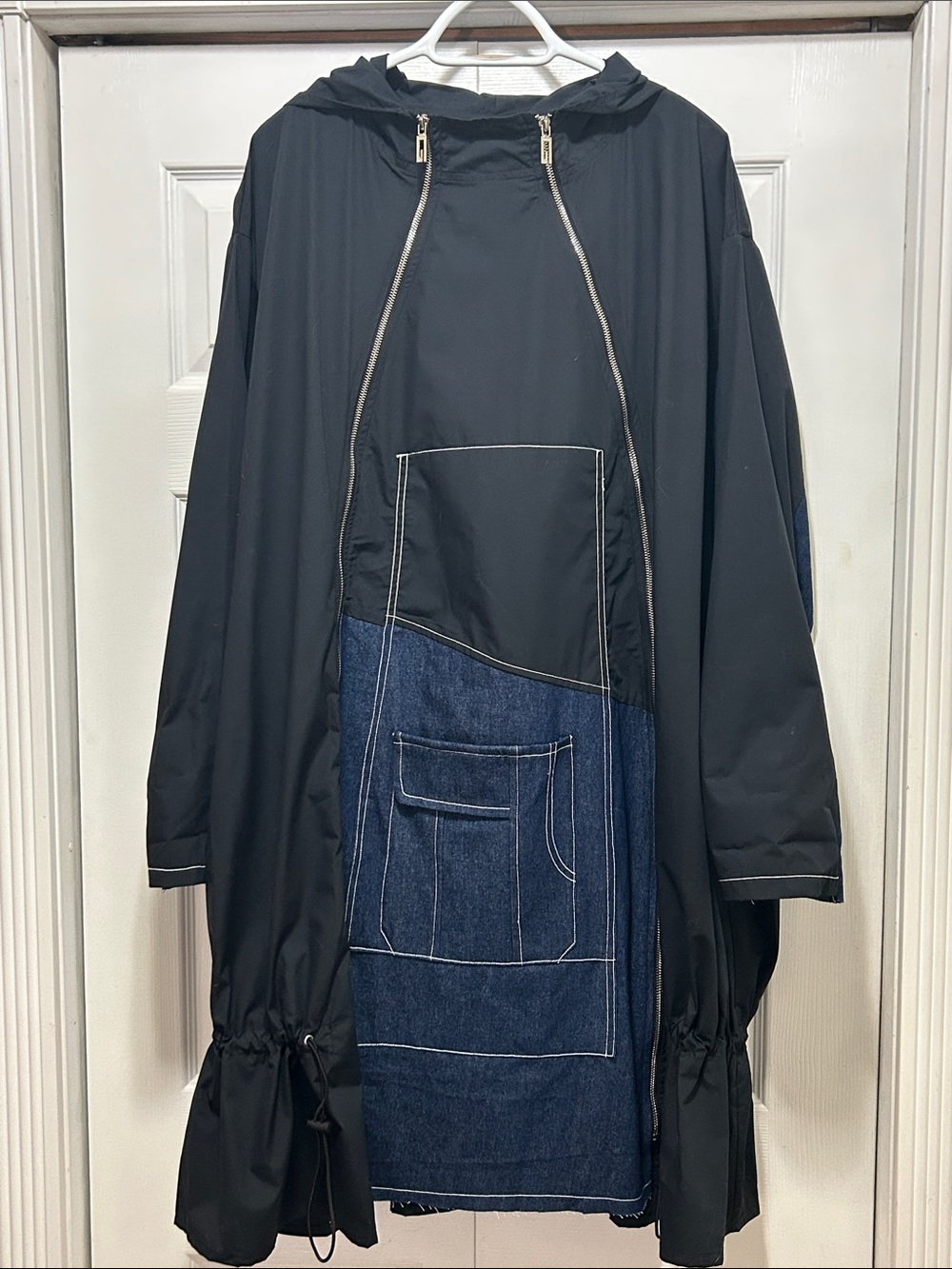 Black Hooded Dress with Denim Accents